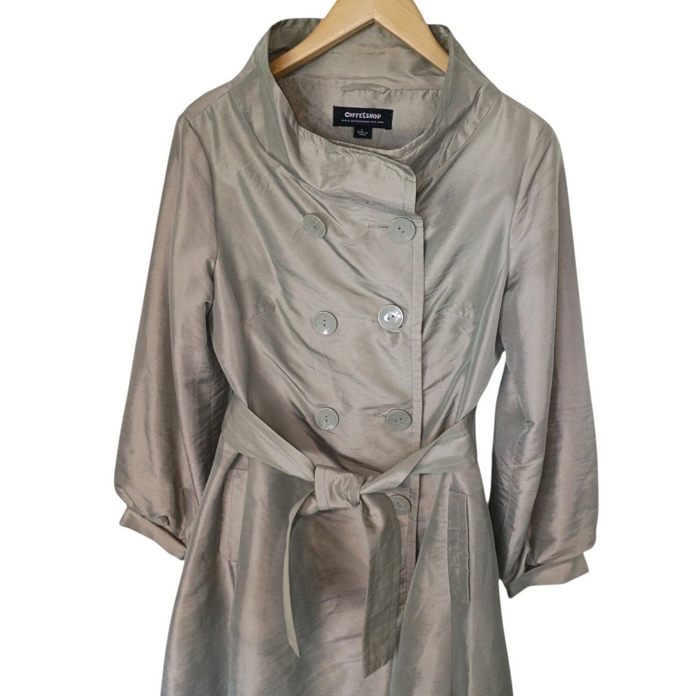 Vintage COFFEESHOP Womens Taupe Belted Double Breasted Funnel Neck Trench Coat L